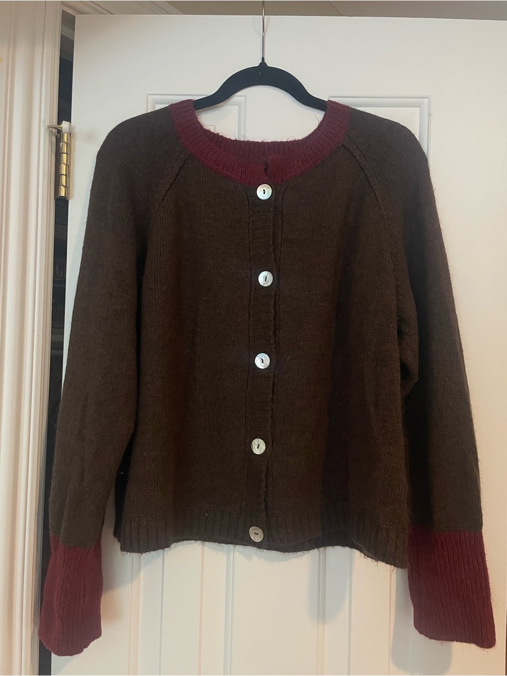 Women’s Brown Cardigan with Burgundy Trim - Classic Button Front (Trebol Brand)